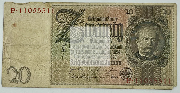 Germany 1929 20 Reichmark P181a.14, Used World Currency Banknote - Cool Coins & Notes