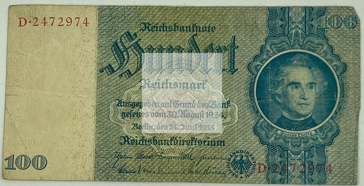 Germany 1935 P-183b 100 Marks, Nazi Swastika Used Banknote - Cool Coins & Notes