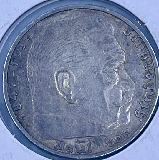 Germany 1936 A 5 Mark Third Reich WW2 .900 Silver KM86 Coon