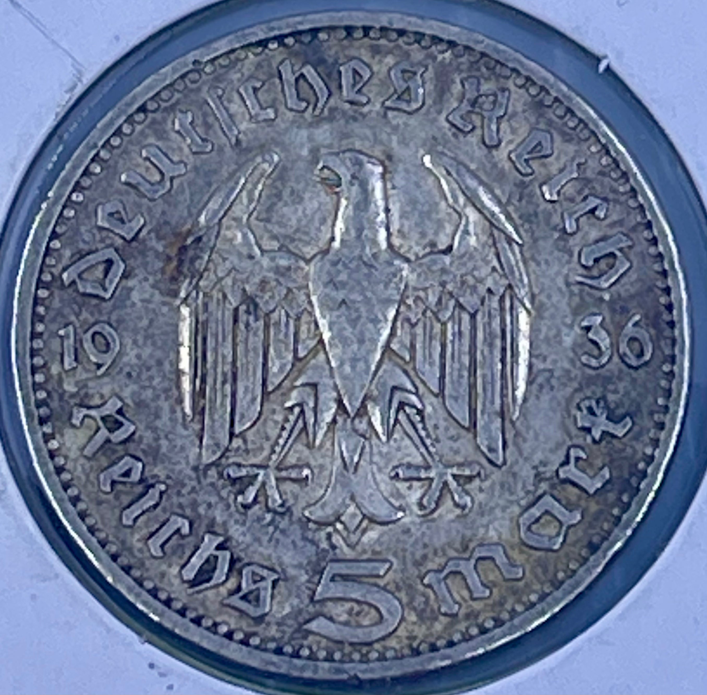 Germany 1936 A 5 Mark Third Reich WW2 .900 Silver KM86 Coon - Cool Coins & Notes