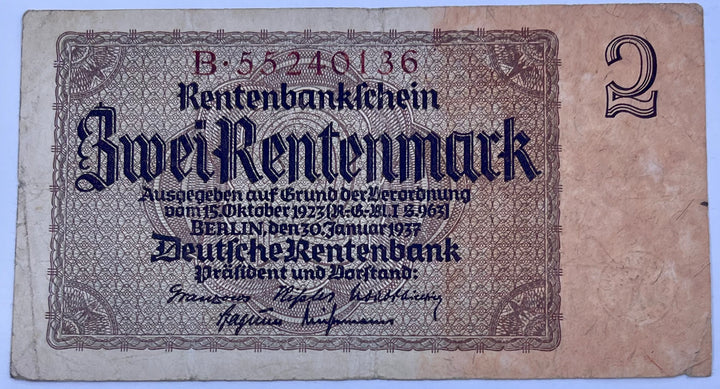 Germany 1937 2 Rentenmark P174 WW2 Used World Banknote Cool Coins & Notes 