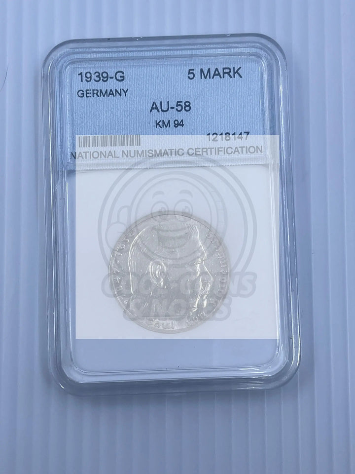 Germany 1939-G 5 Mark KM 94 NMC AU-58 WW2 Nazi Germany Silver Coin - Cool Coins & Notes