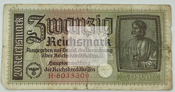 Germany 1940 20 Reichmark WW2 P-R139, Used Banknote - Cool Coins & Notes