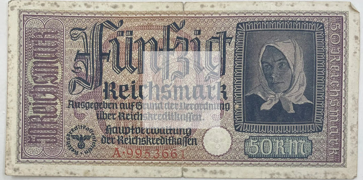 Germany 1940 50 Reichsmark P-R140.2 Used From Lot Nazi Swastika Note - Cool Coins & Notes