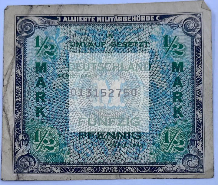 Germany 1944 1/2 Mark P-191 Used MPC WW2 World Banknote Currency Cool Coins & Notes 