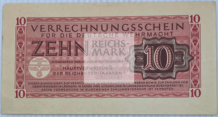 Germany 1944 10 Reichsmark P-M40 AU Wehrmacht WW2 Nazi AU World Banknote Currenc - Cool Coins & Notes
