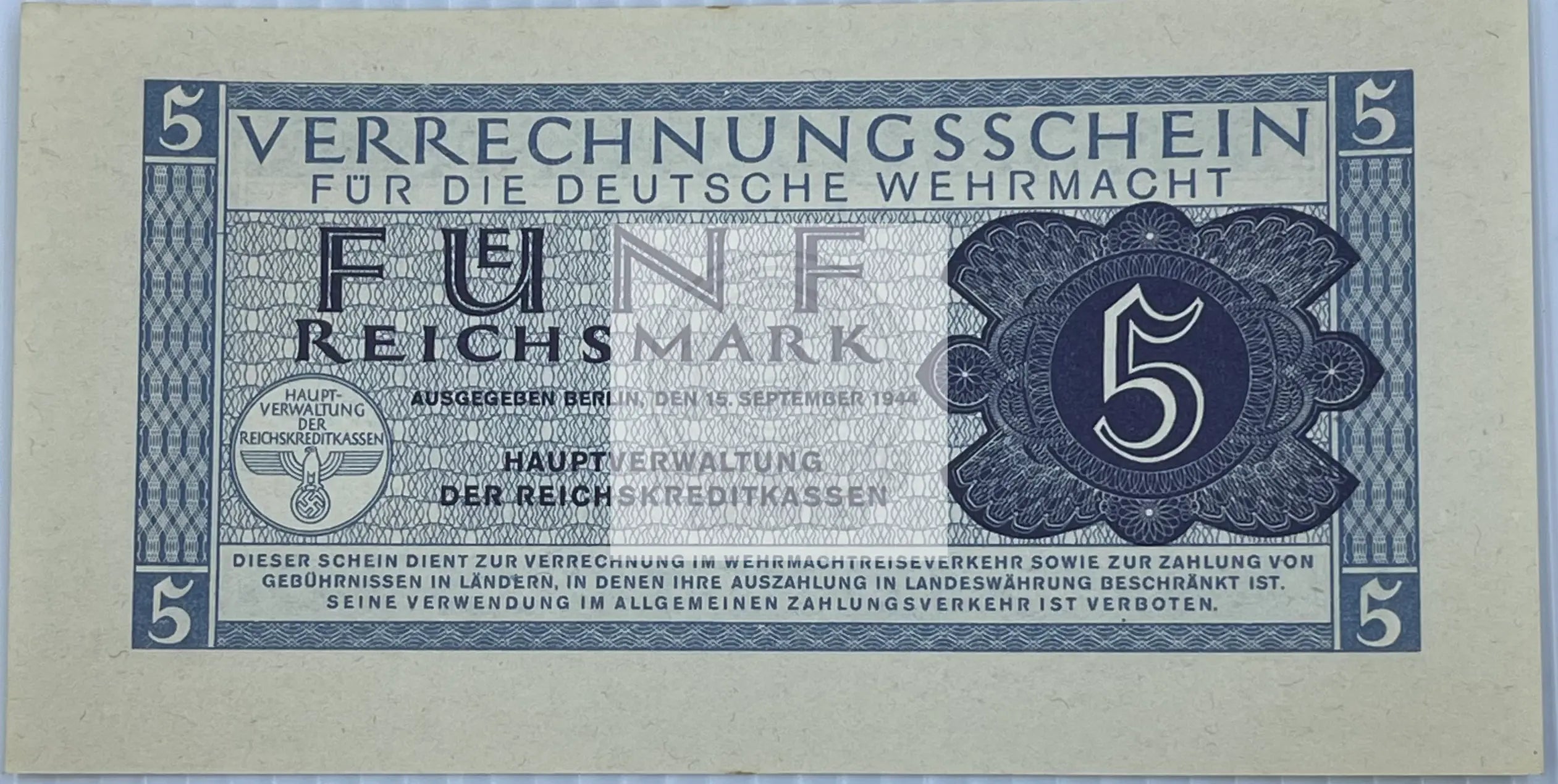 Germany 1944 5 Reichsmark P-M39 AU Wehrmacht WW2 Nazi AU World Banknote Currency - Cool Coins & Notes