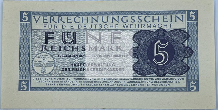 Germany 1944 5 Reichsmark P-M39 AU Wehrmacht WW2 Nazi AU World Banknote Currency - Cool Coins & Notes