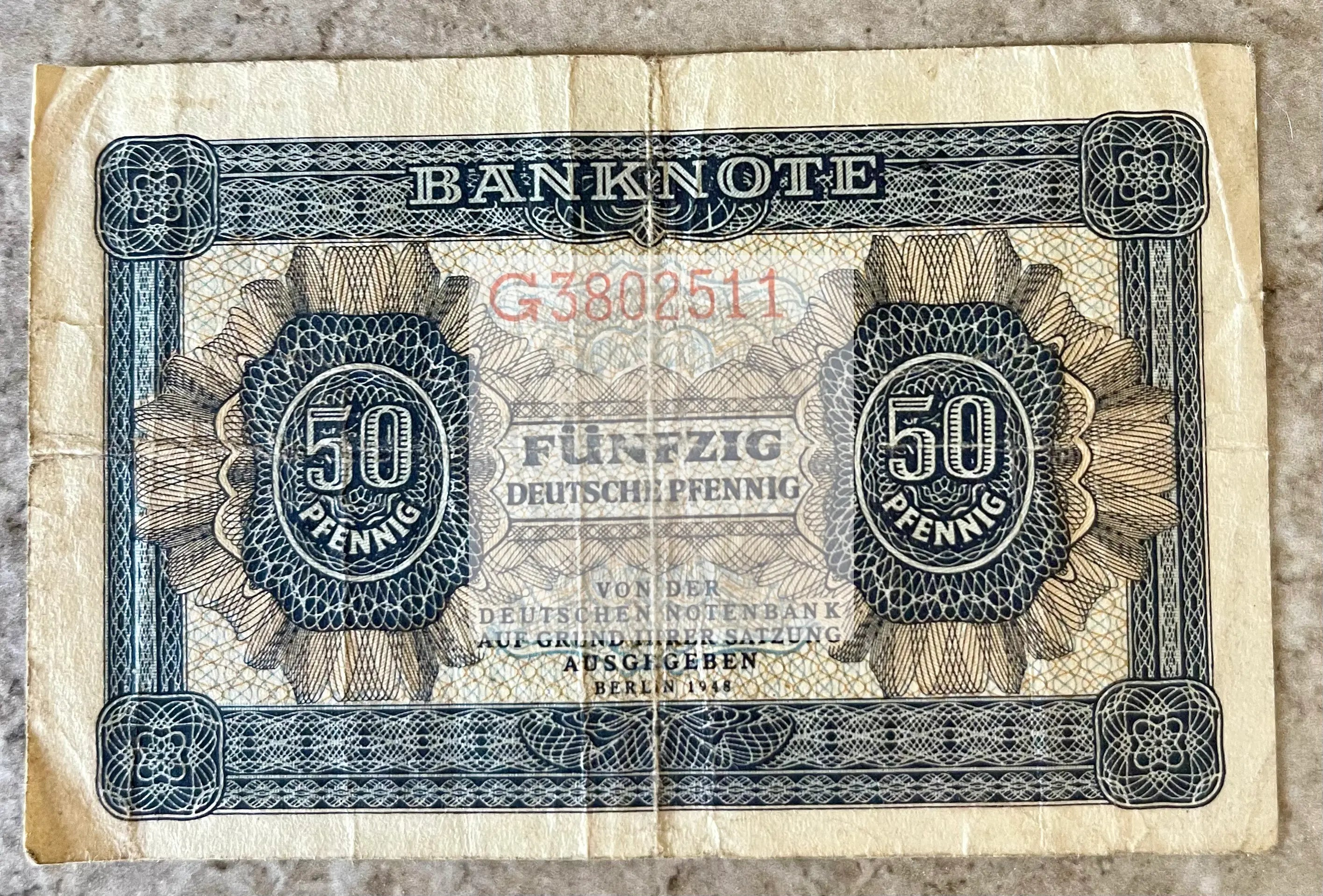 Germany 1948 50 Pfennig banknote from Allied Military Government era with intricate designs and historical significance