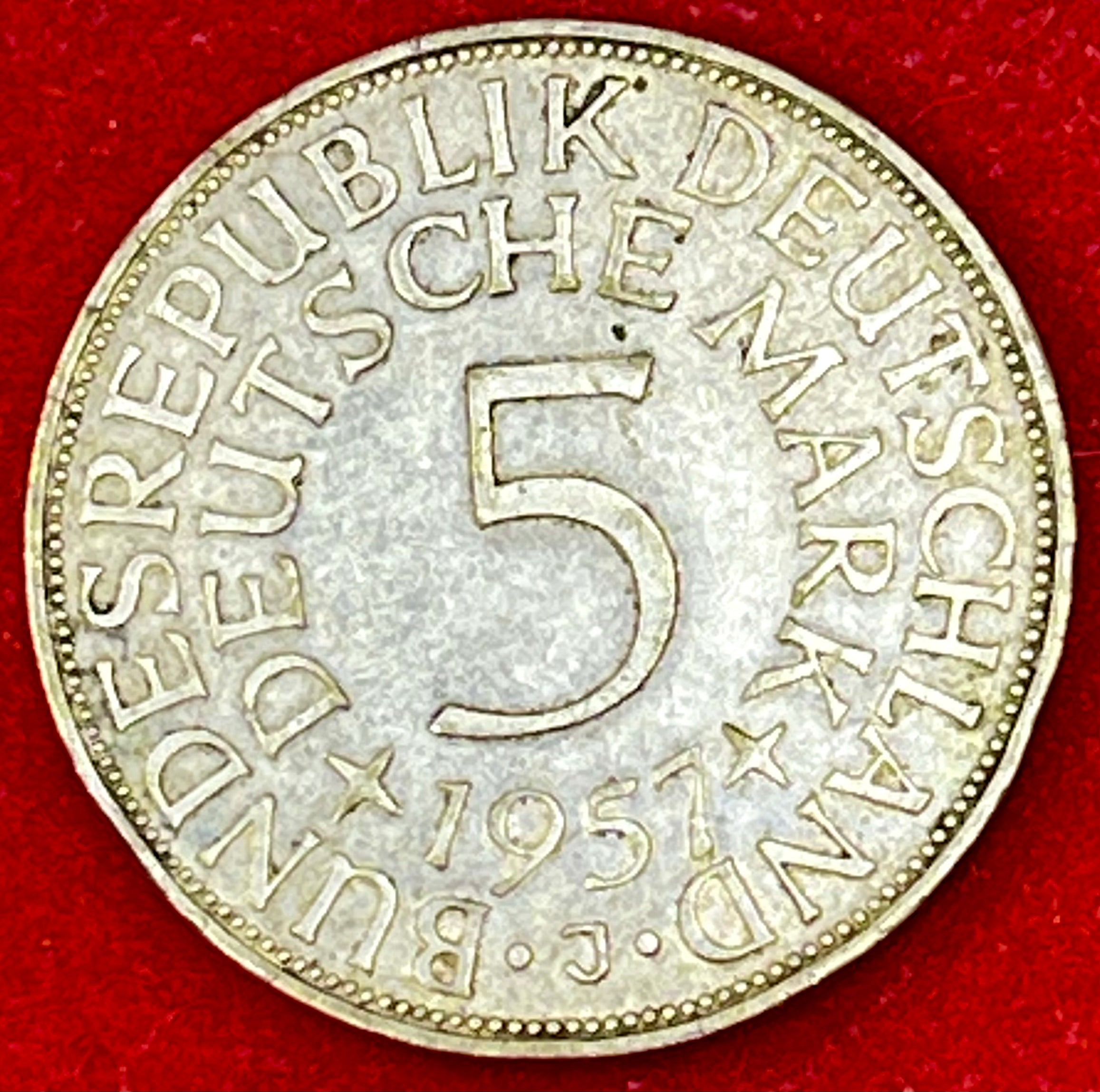 Germany 1957 J 5 MarkSilver Bundesadler Federal Eagle Hamburg Coin - Cool Coins & Notes
