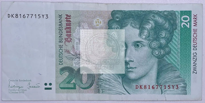 Germany 1993 20 Mark Pick 39.b Banknote - Cool Coins & Notes