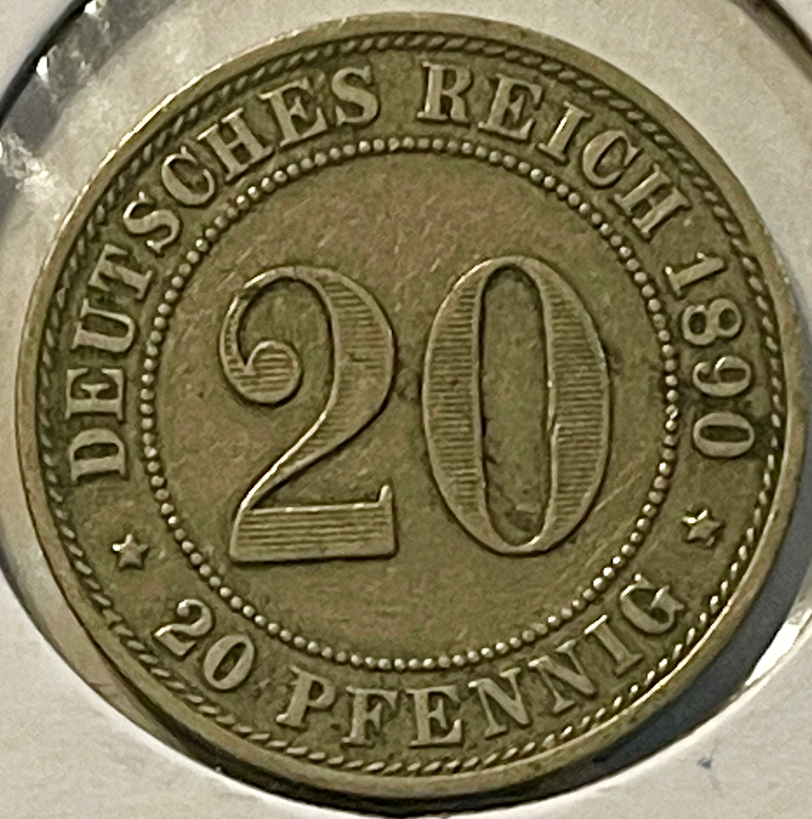 Germany Empire 20 Pfennig 1890A KM 13 CuNi Coin - Cool Coins & Notes