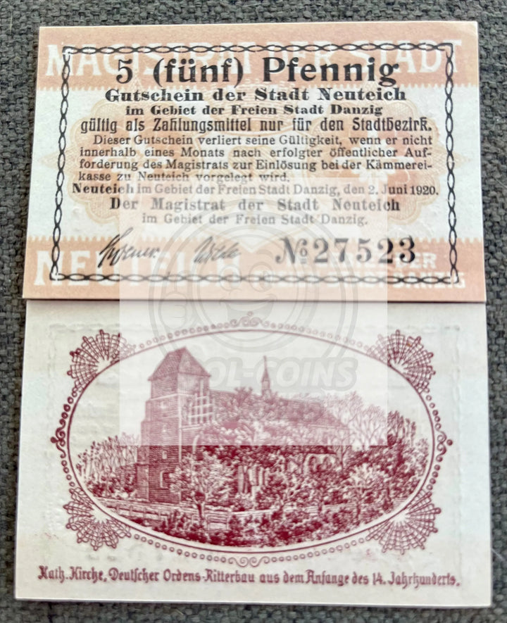 Germany Notegeld 5 Pfenning 1920 The Free City of Danzig - Cool Coins & Notes