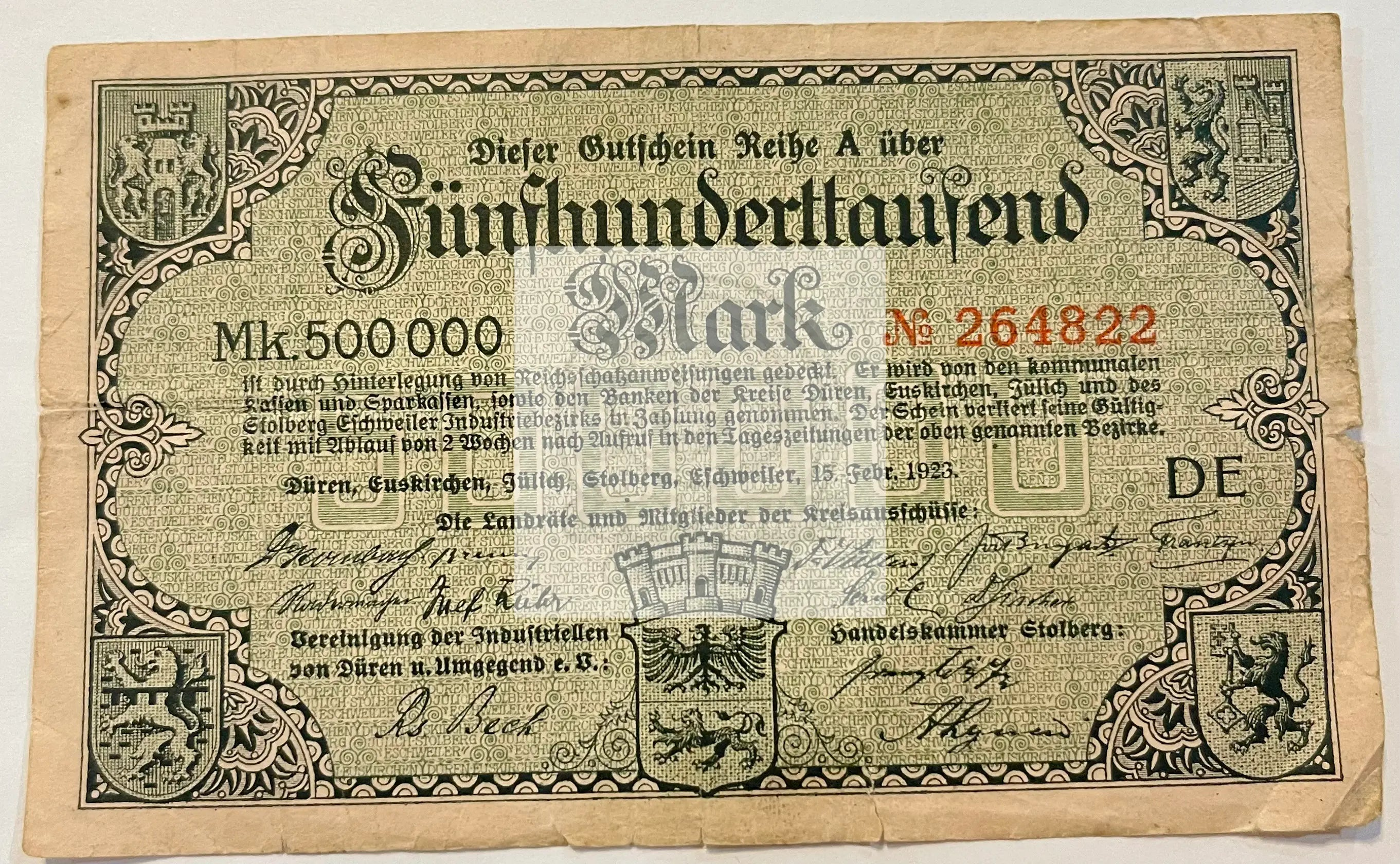 Germany Notgeld 1923 500,000 Mark 1140b vintage emergency banknote from post-WWI economic crisis