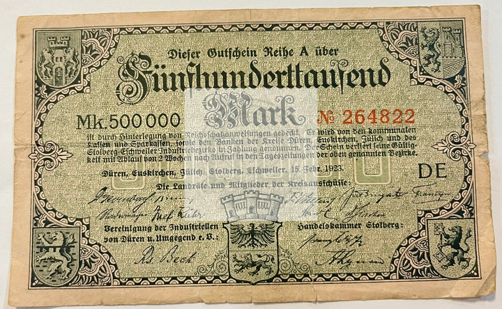 Germany Notgeld 1923 500,000 Mark 1140b vintage emergency banknote from post-WWI economic crisis