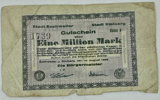 Germany / Stolberg 1 Million Mark  16.6.1923 Series A Banknote Ger.1