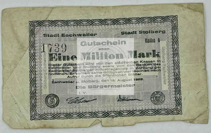 Germany Stolberg 1 Million Mark banknote from 16.6.1923 during Weimar hyperinflation with intricate design and historical significance