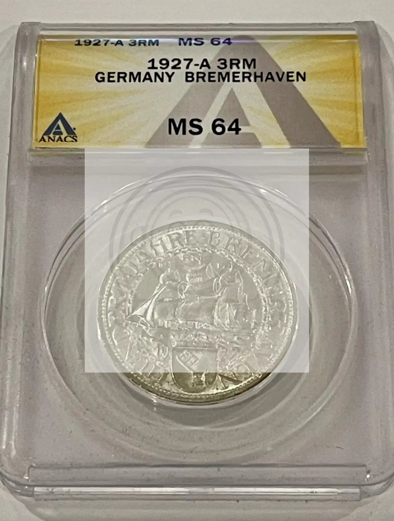 Germany Weimar Republic 1927 A Silver 3 Mark Bremerhaven MS64 ANACS SM146 - Cool Coins & Notes