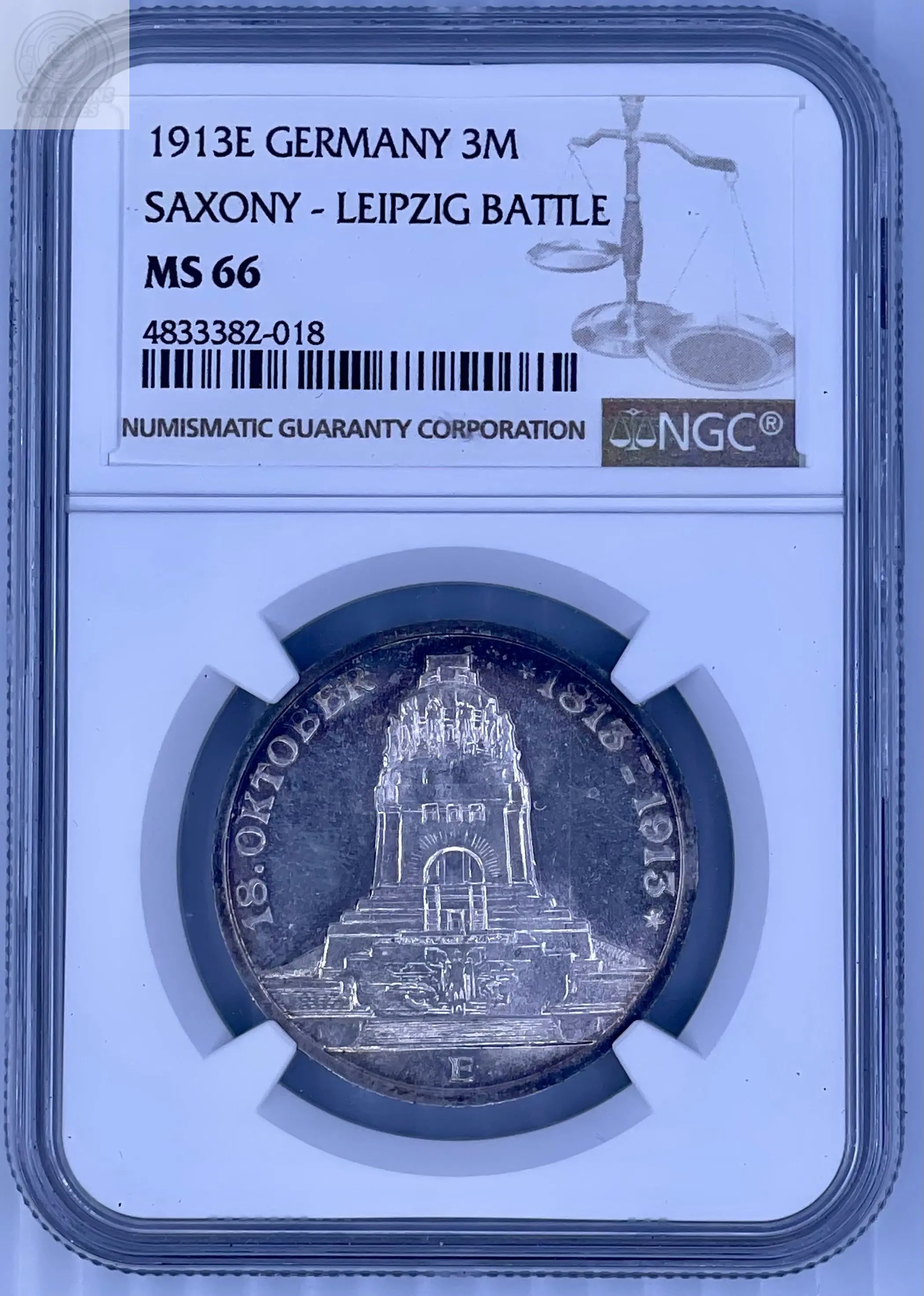 Germany, Saxony, 3 Mark 1913-E (Leipzig Battle) Silver, NGC MS66 Cool Coins & Notes
