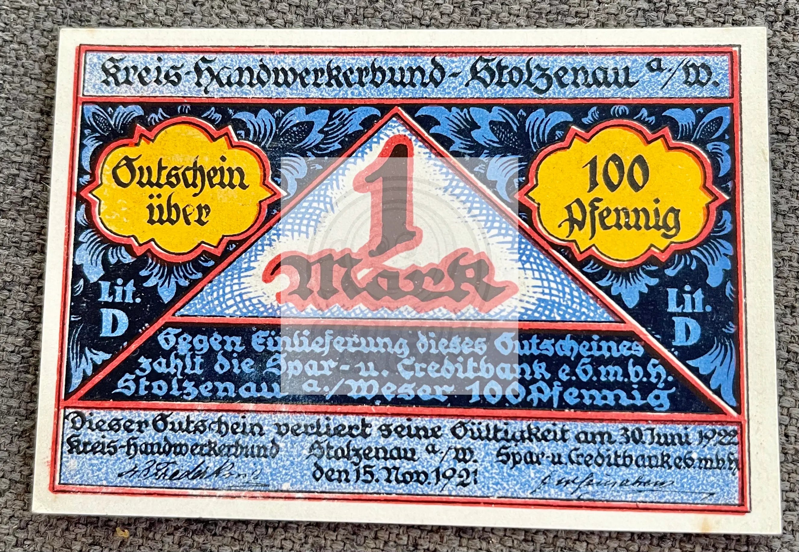 Germany, Stolzenau, 1 Mark, Charpentier, 1922,UNC - Cool Coins & Notes