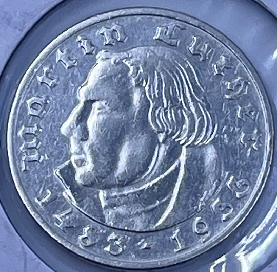 Germany, Third Reich, 1933-A 2 Mark Luther, KM-79 Coin Silver