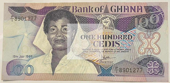 1986 Ghana 100 Cedis banknote featuring Kwame Nkrumah portrait and traditional Ghanaian scene