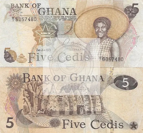 🇬🇭 Ghana 5 cedis P-15b UNC 1977 Banknote Circulated - Cool Coins & Notes