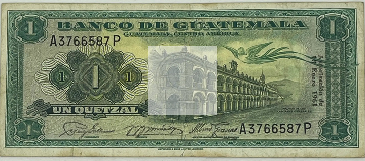 Guatemala 1961 1 Quetzal banknote featuring José María Orellana and Quetzal bird design