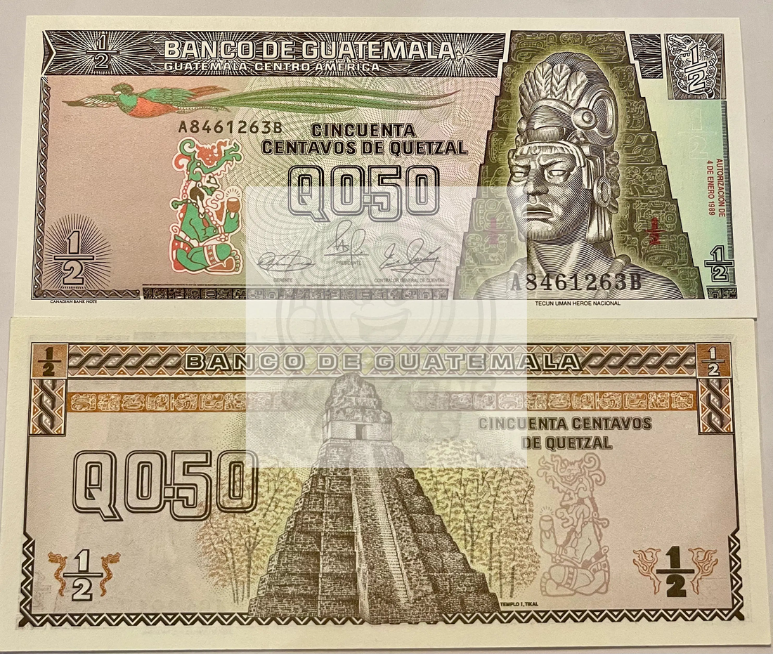 Guatemala 1994 1/2 Quetzal banknote featuring Tecun Uman and Mayan temple in uncirculated condition