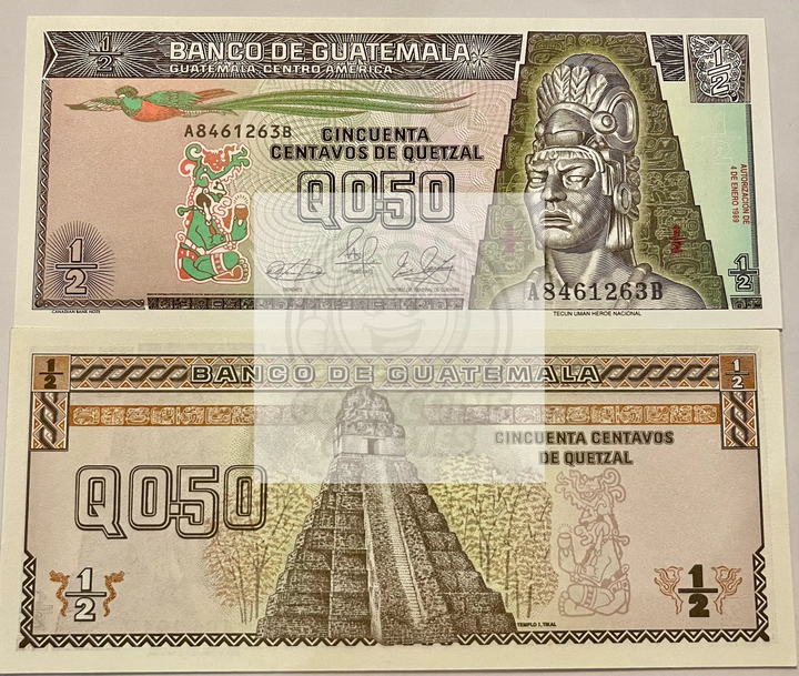 Guatemala 1994 1/2 Quetzal banknote featuring Tecun Uman and Mayan temple in uncirculated condition