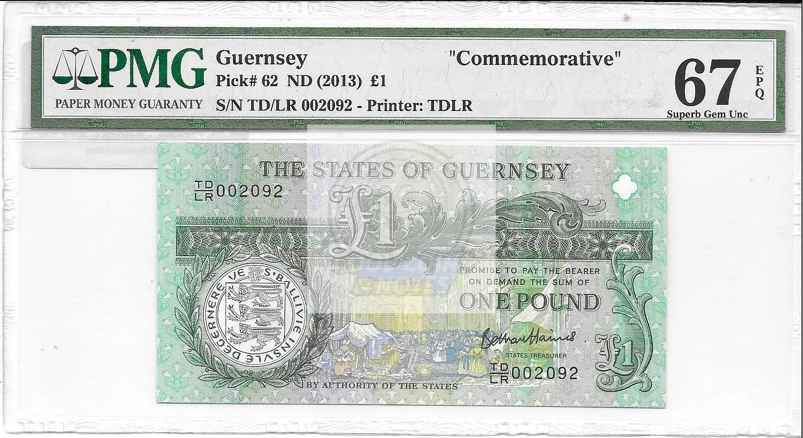 Guernsey 2013 1 Pound Bank Note "Commemorative" Superb Gem Unc 67 EPQ PMG - Cool Coins & Notes
