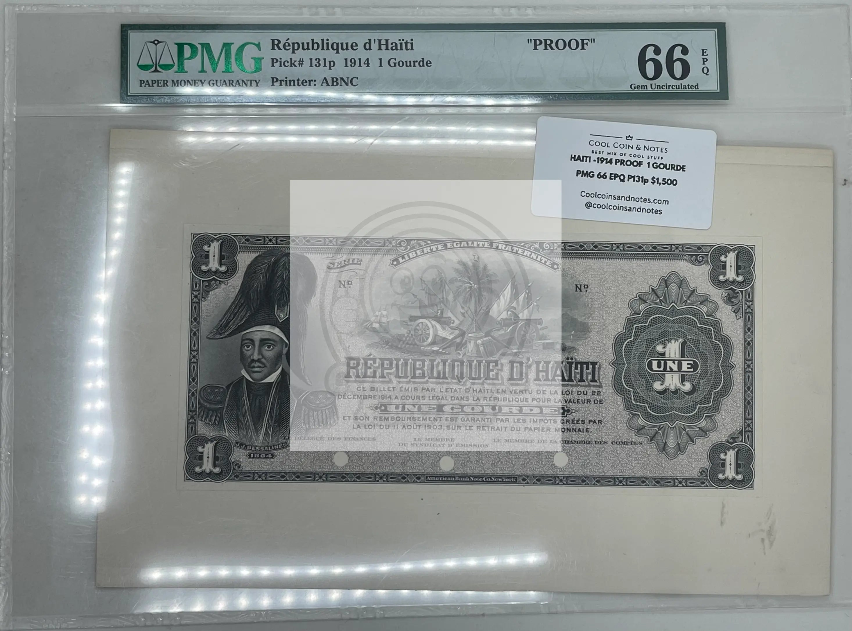 Haiti 1914 Proof 1 Gourde banknote graded PMG 66 with intricate historic designs