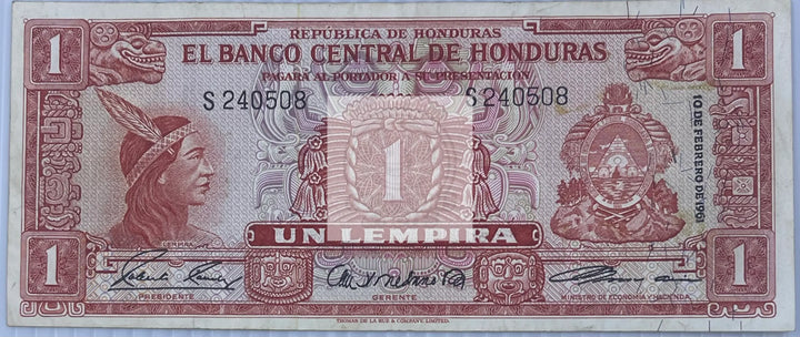 Honduras 1961 1 Lempira P-54 Used World Banknote Currency - Cool Coins & Notes