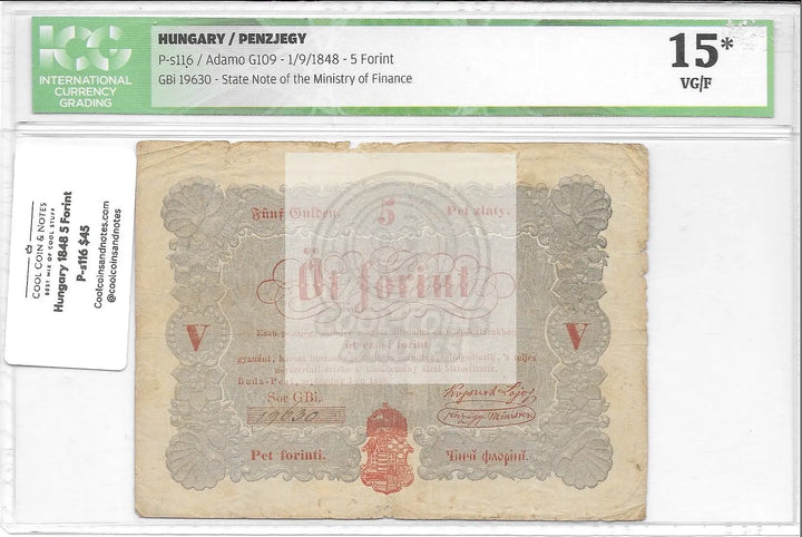 Hungary 1848 5 Forint  P-s116 ICG 15 VG/F - Cool Coins & Notes
