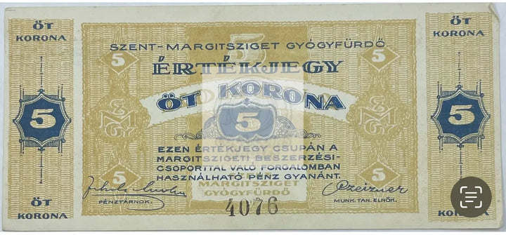 Hungary Budapest/ Szent Margitsziget Gyógyfürdő, 5 Korona, 1919 - Cool Coins & Notes