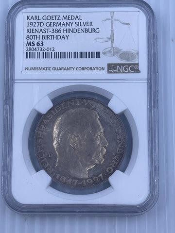 Germany 1927-D Hindenburg 80th Birthday Silver Medal MS63 Kienast-386