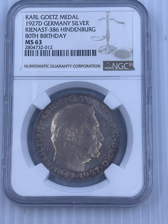Germany 1927-D Hindenburg 80th Birthday Silver Medal MS63 Kienast-386
