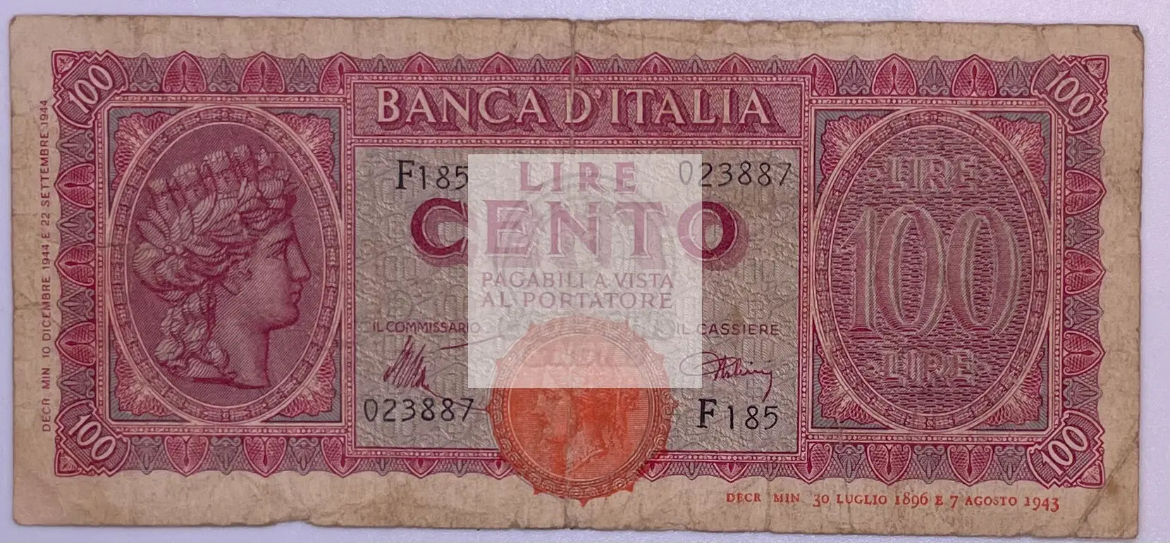ITALY ITALIA 100 LIRE 1943 P 75, Used World Banknote - Cool Coins & Notes