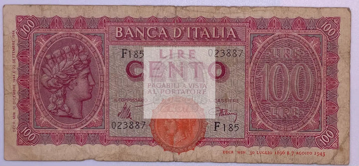 ITALY ITALIA 100 LIRE 1943 P 75, Used World Banknote - Cool Coins & Notes