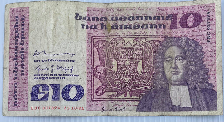 Ireland 1981 10 Pounds P-72 Used World Banknote Cool Coins & Notes 