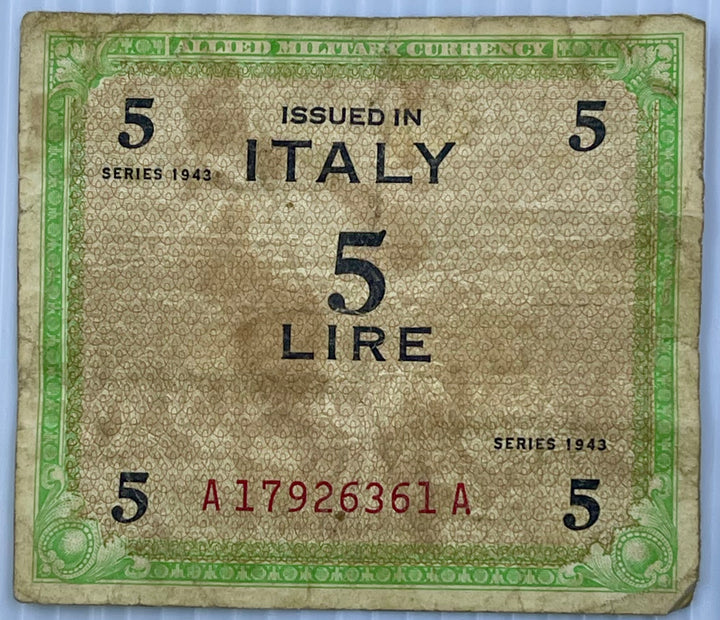 Italy 1943 5 Lire P-M12 WW2 MPC Used World Banknote - Cool Coins & Notes