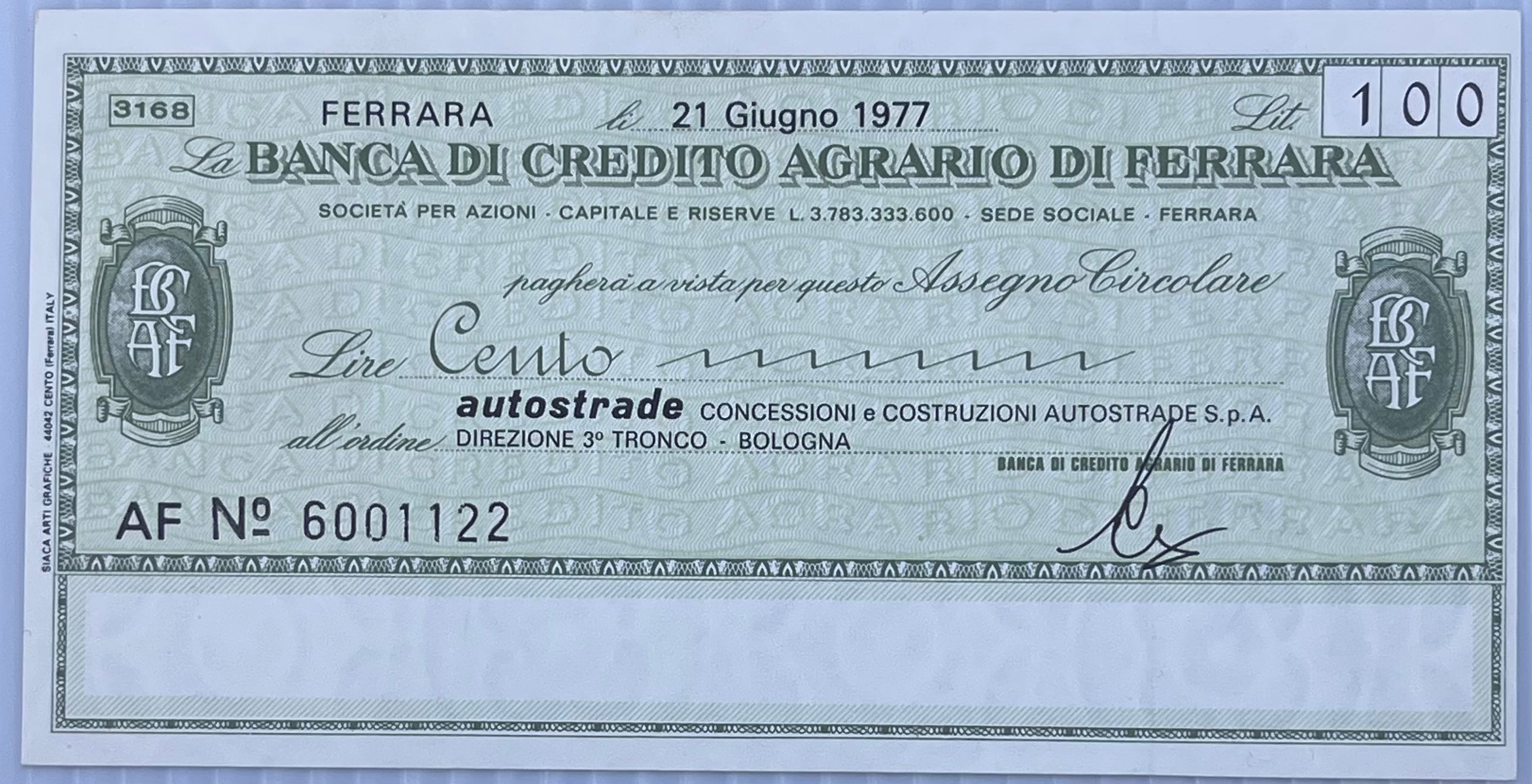 Italy 1977 100 Lire P-G 1285.8 Banca di Credito Agrario di Ferrara - Autostrade PNL AU Banknote - Cool Coins & Notes