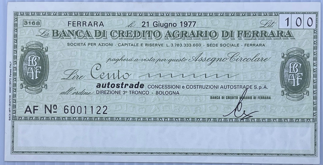 Italy 1977 100 Lire P-G 1285.8 Banca di Credito Agrario di Ferrara - Autostrade PNL AU Banknote - Cool Coins & Notes