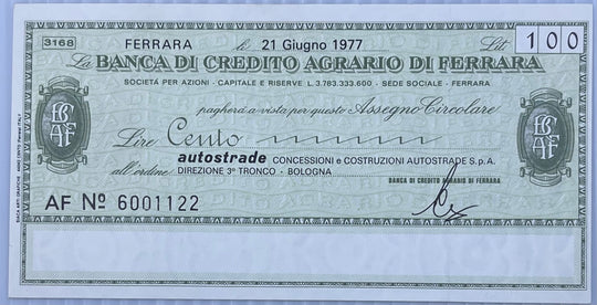 Italy 1977 100 Lire P-G 1285.8 Banca di Credito Agrario di Ferrara - Autostrade PNL AU Banknote
