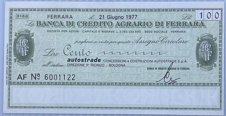 Italy 1977 100 Lire P-G 1285.8 Banca di Credito Agrario di Ferrara - Autostrade PNL AU Banknote - Cool Coins & Notes