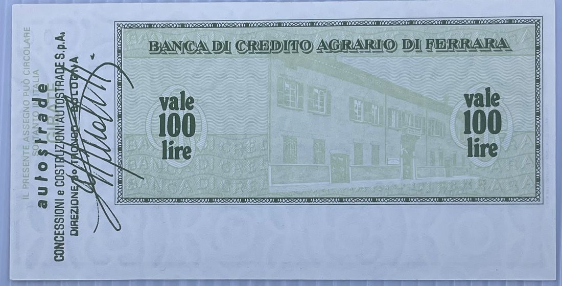 Italy 1977 100 Lire P-G 1285.8 Banca di Credito Agrario di Ferrara - Autostrade PNL AU Banknote - Cool Coins & Notes