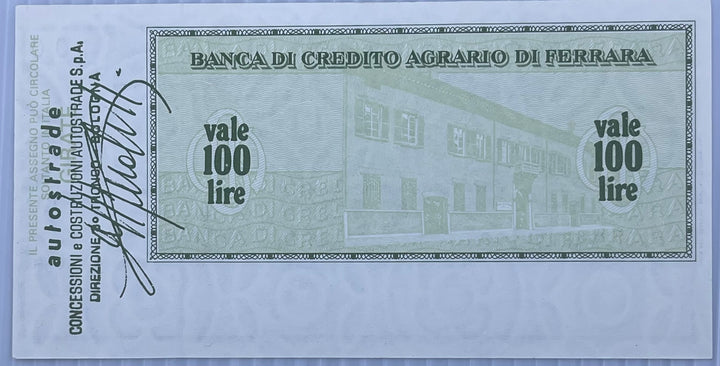 Italy 1977 100 Lire P-G 1285.8 Banca di Credito Agrario di Ferrara - Autostrade PNL AU Banknote - Cool Coins & Notes