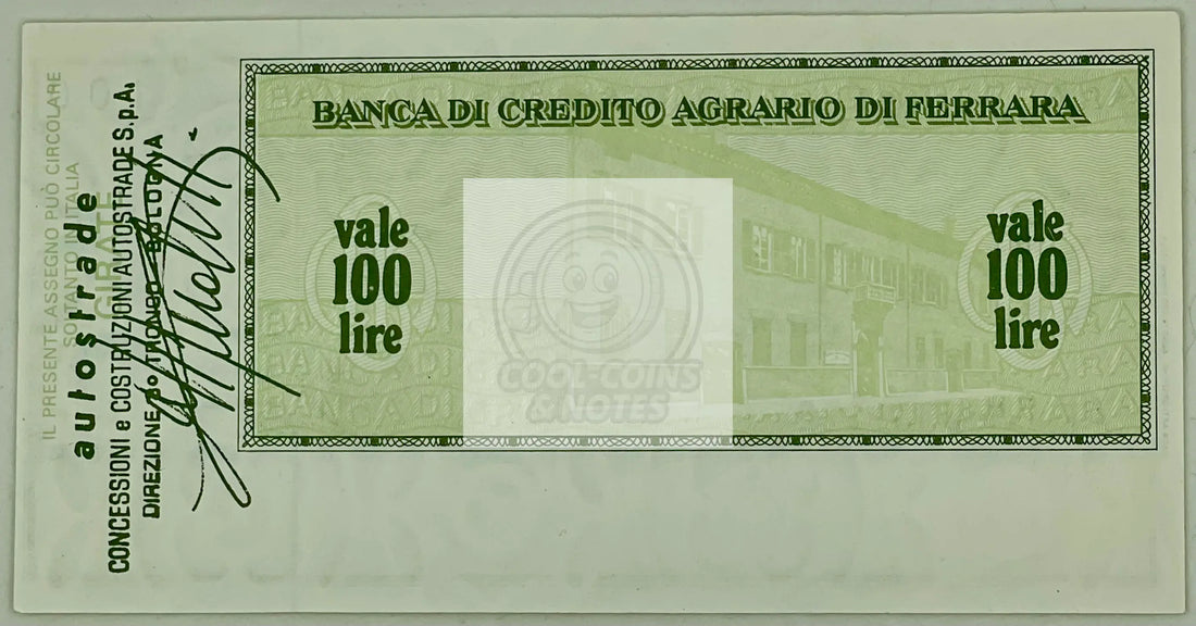 Italy 1977 (21.6.1977) 100 Lire Local Currency Banca di Credito Agrario di Ferra - Cool Coins & Notes