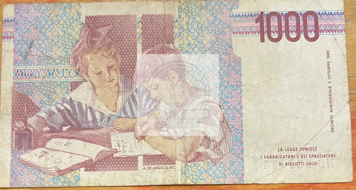 Italy 1991 1000 Lire P-114, Used World Banknote Currency - Cool Coins & Notes