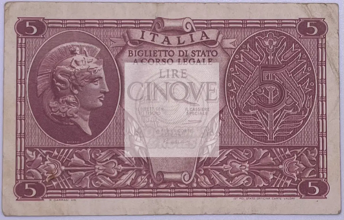 Italy 5 Lire 1944 P-31 Used World Banknote - Cool Coins & Notes